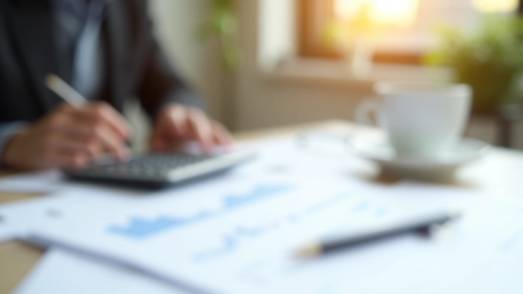 Taschenrechner, Hypothekendokumente und Finanzunterlagen auf einem modernen Schreibtisch mit Notizpad