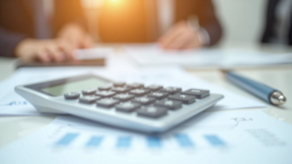 Taschenrechner neben Finanzunterlagen und Notizblock mit Berechnungen für Immobilienkauf