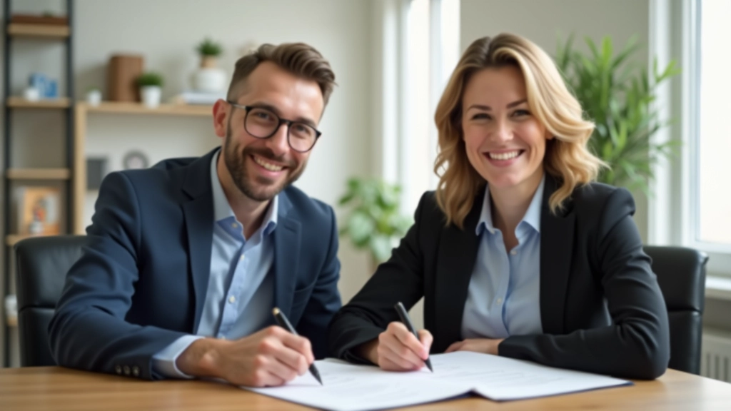 Glückliches Ehepaar unterschreibt Kaufvertrag beim Notar mit Lächeln