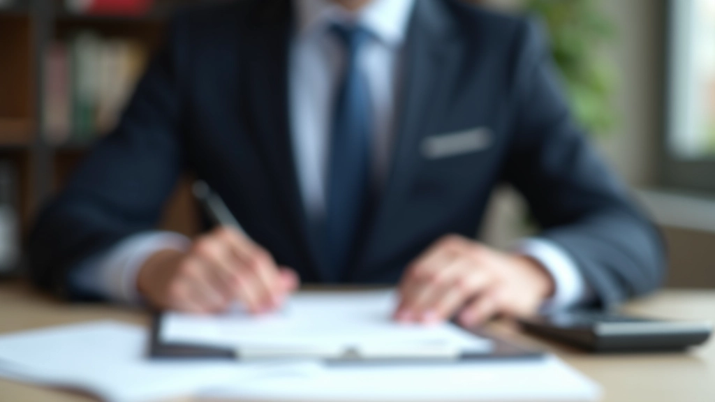 Notar arbeitet mit Dokumenten und Taschenrechner auf dem Schreibtisch