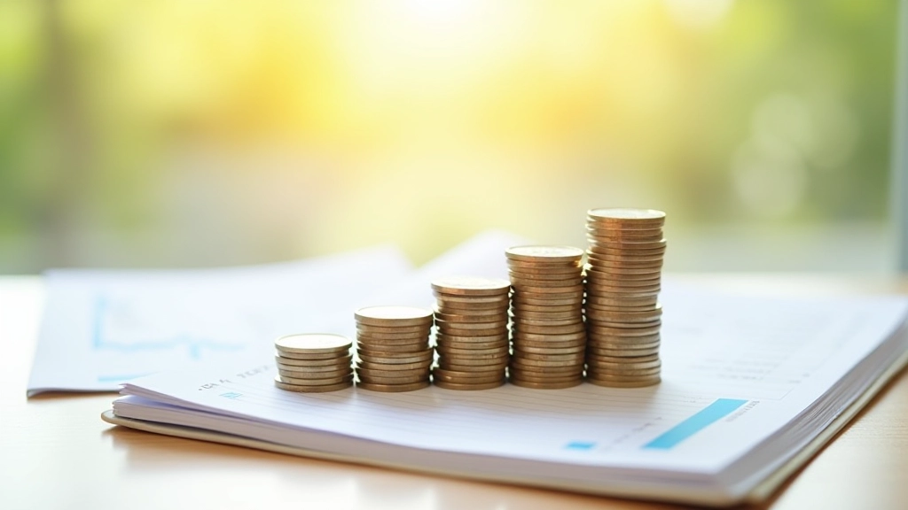 Sparbuch und Münzenstapel auf Finanzunterlagen mit Wachstumschart