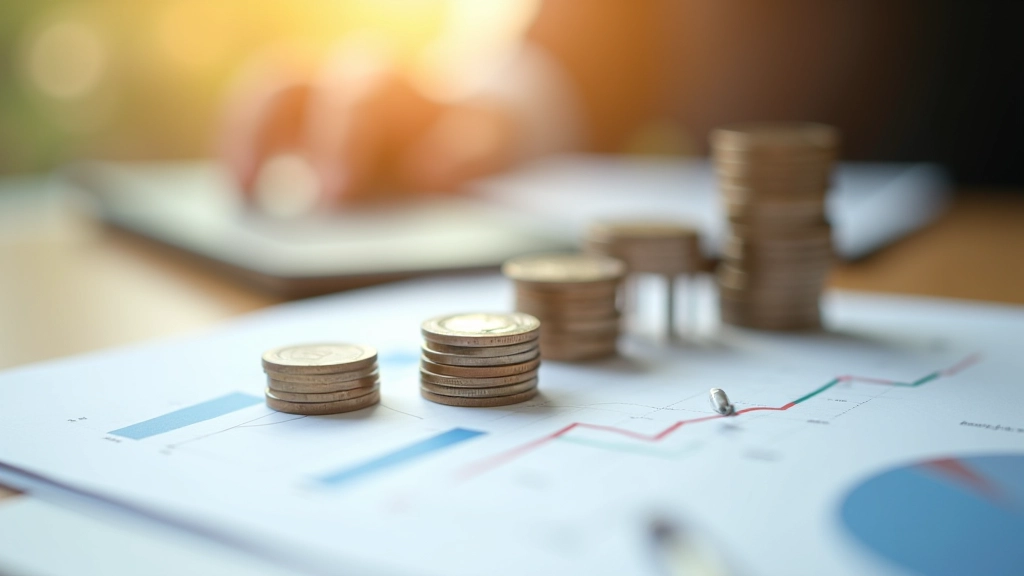 Sparbuch und aufgestapelte Münzen auf Finanzunterlagen mit Wachstumschart und Stift