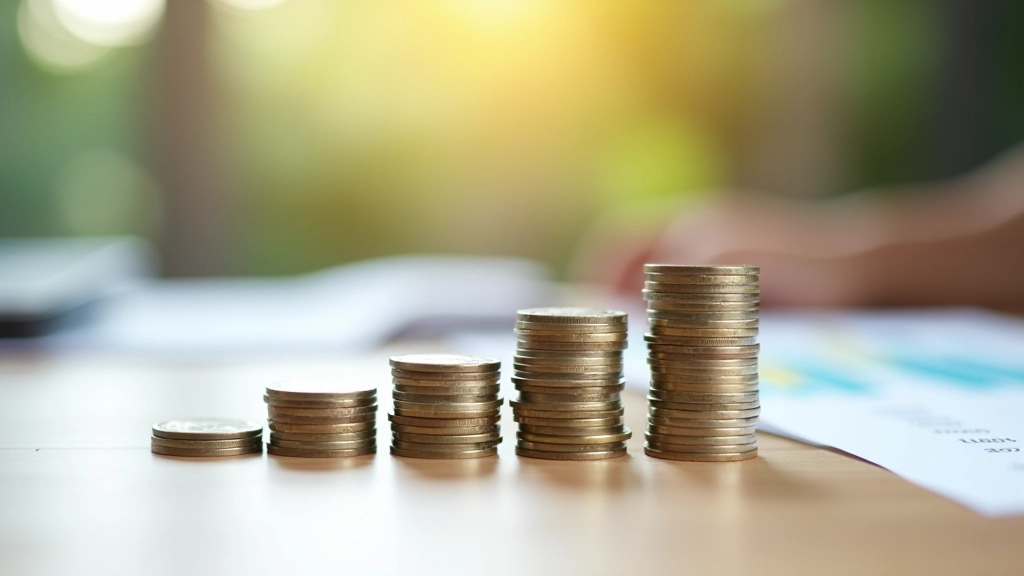 Grafik einer Sparstrategie mit Münzen und Pfeilen, die aufwärts zeigen, auf hellem Hintergrund